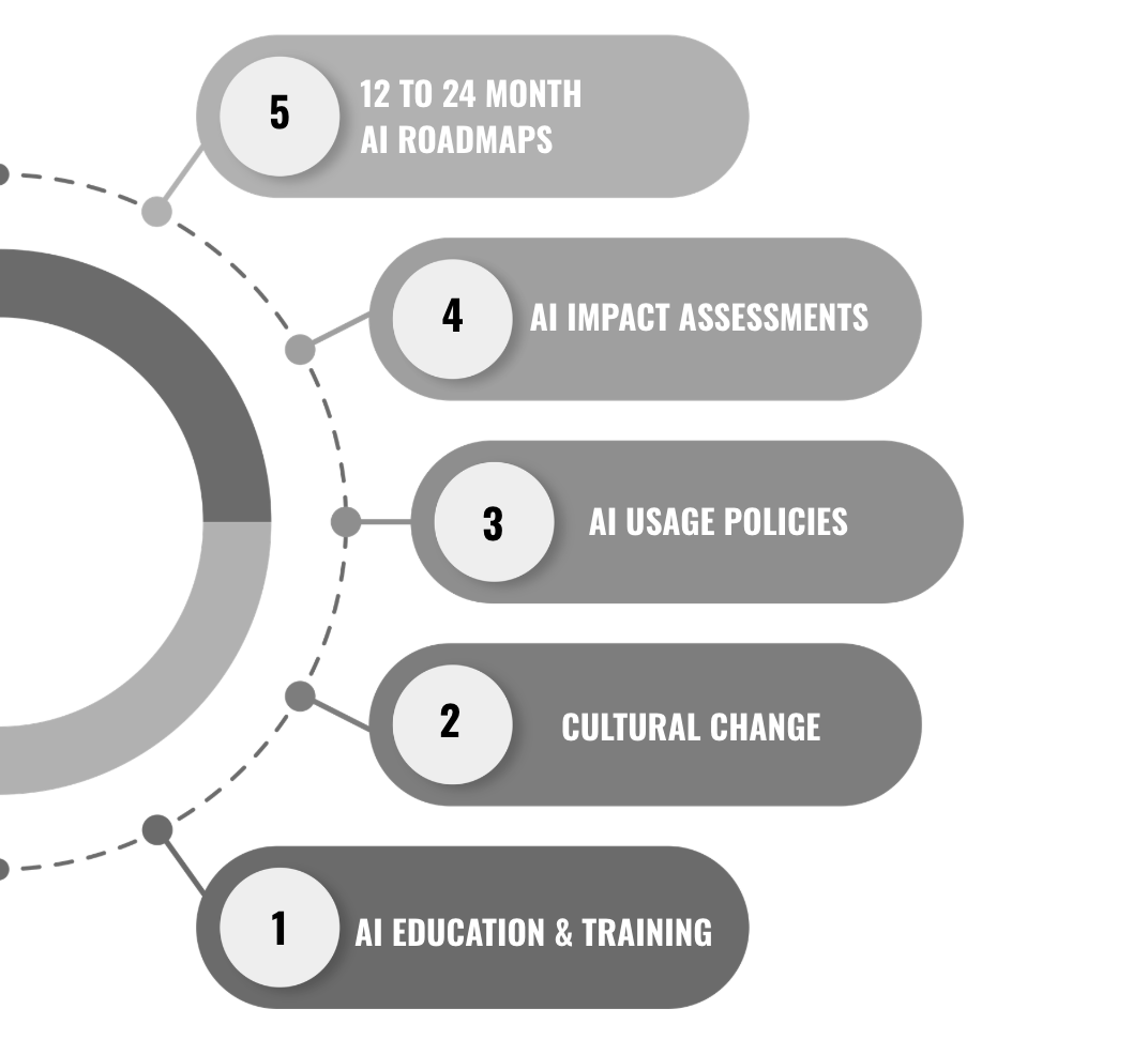 Five Strategic Building Blocks: 1. AI Education & Training, 2. Cultural Change, 3. AI Usage Policies, 4. AI Impact Assessments, 5. 12 to 24 Month AI Roadmaps