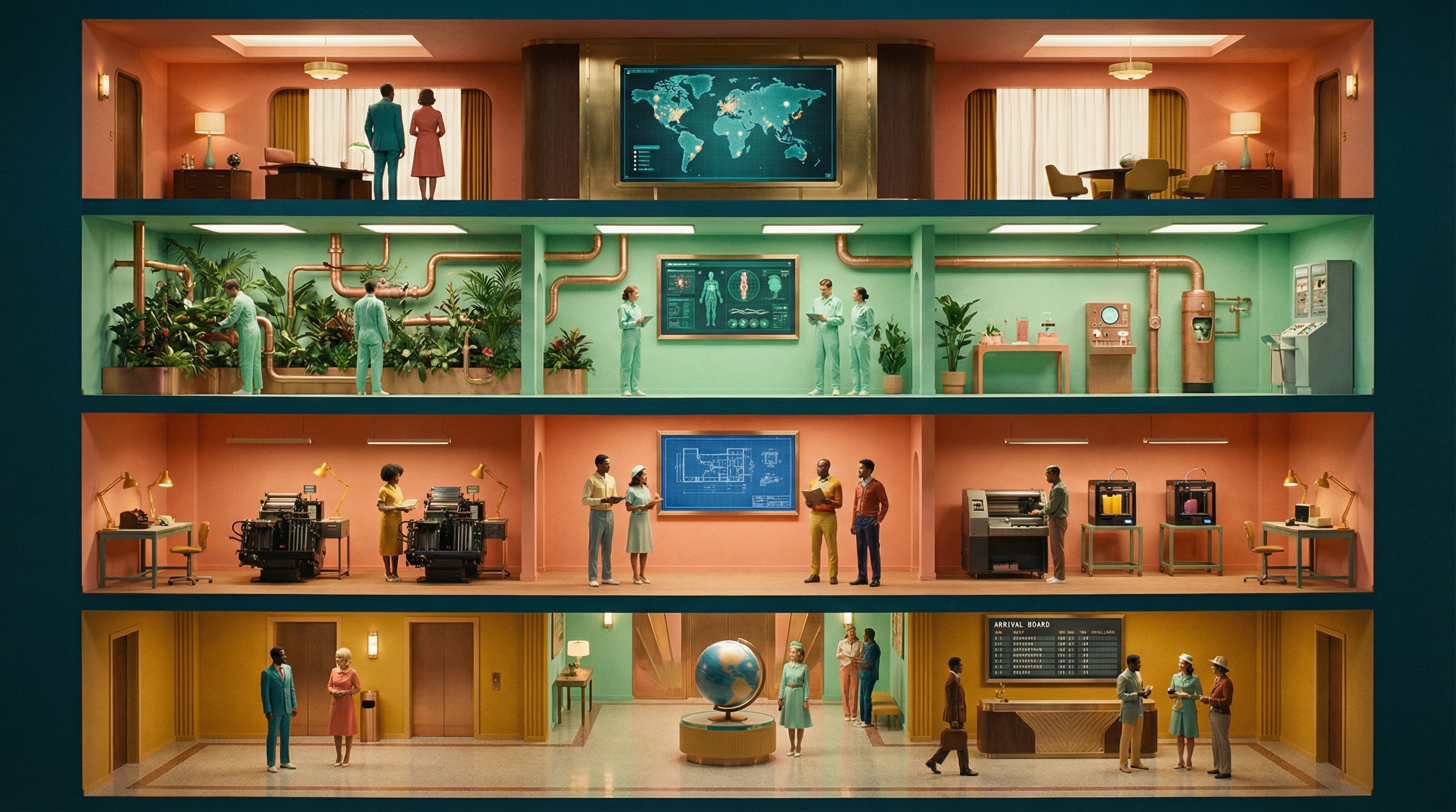 A cross-section view of an organisation showing different levels — executives, managers, operational teams, and the whole organisation